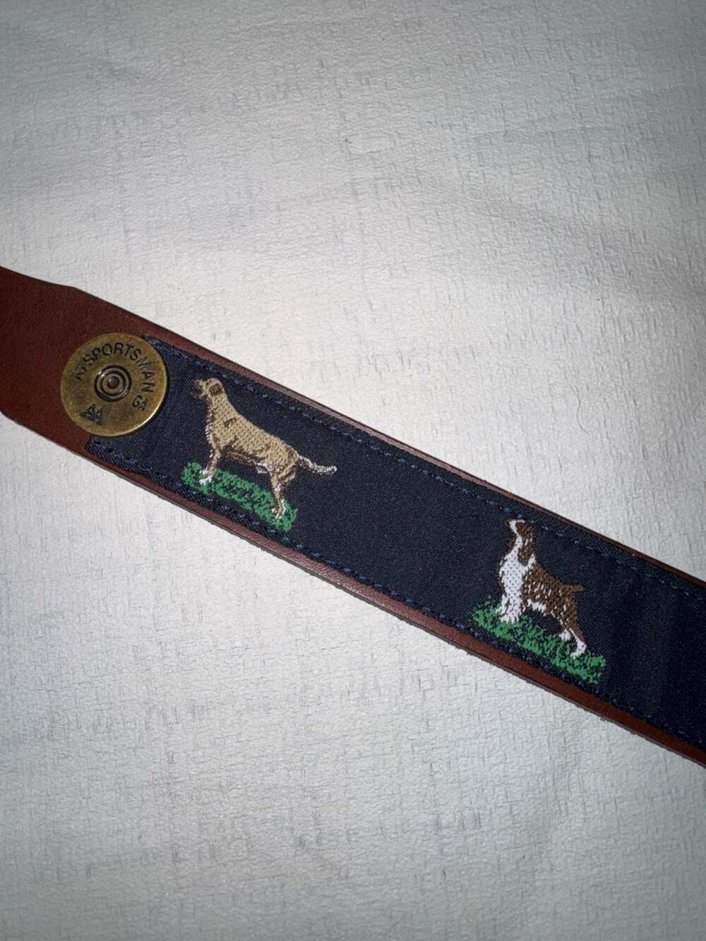 Vintage Sporting Dogs Needlepoint Ribbon and Leather Belt with Shotgun Shell